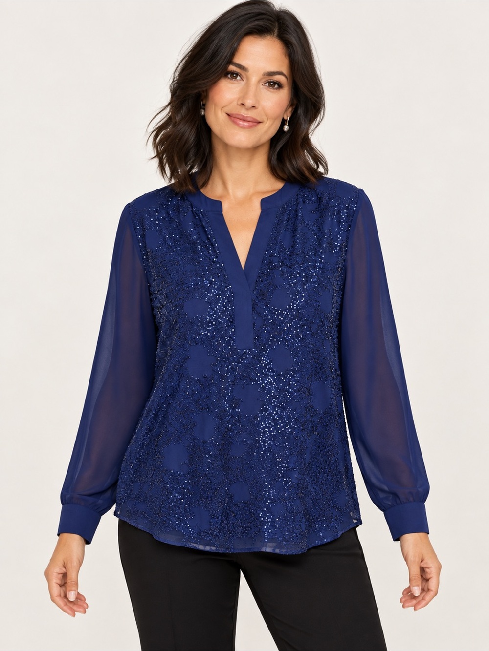 Chico’s Navy Blue Sequin Blouse Size 1 M Sheer Sleeve Holiday Party Top
